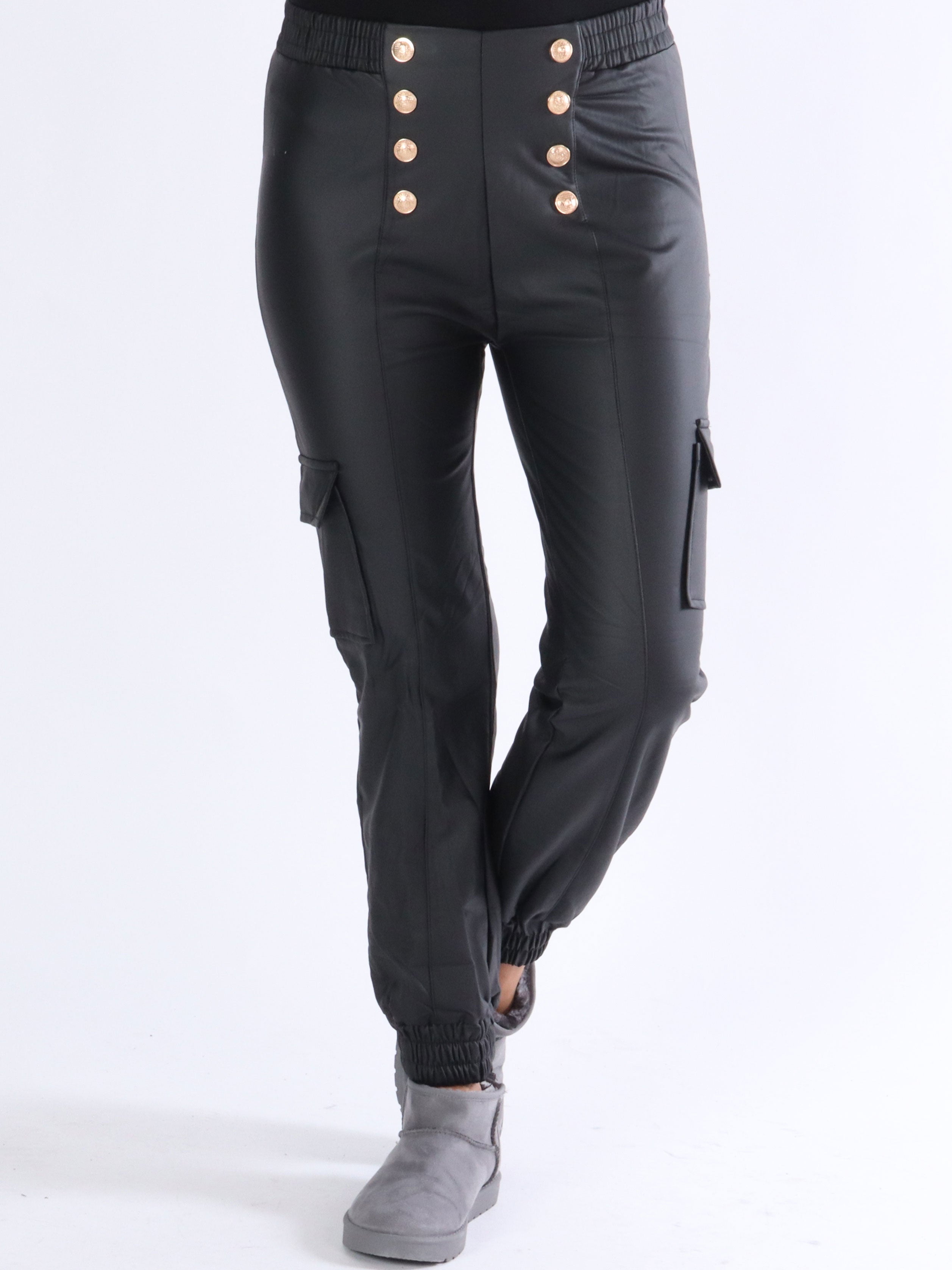 Mellie - Fede læderlook bukser med guld knapper